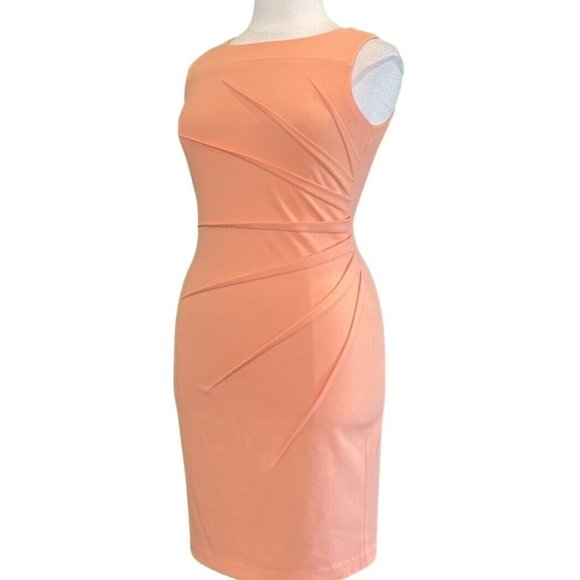 Calvin Klein Sleeveless Round Neck Seamed Sunburst Peach Knit Dress Size 12 - Picture 2 of 7